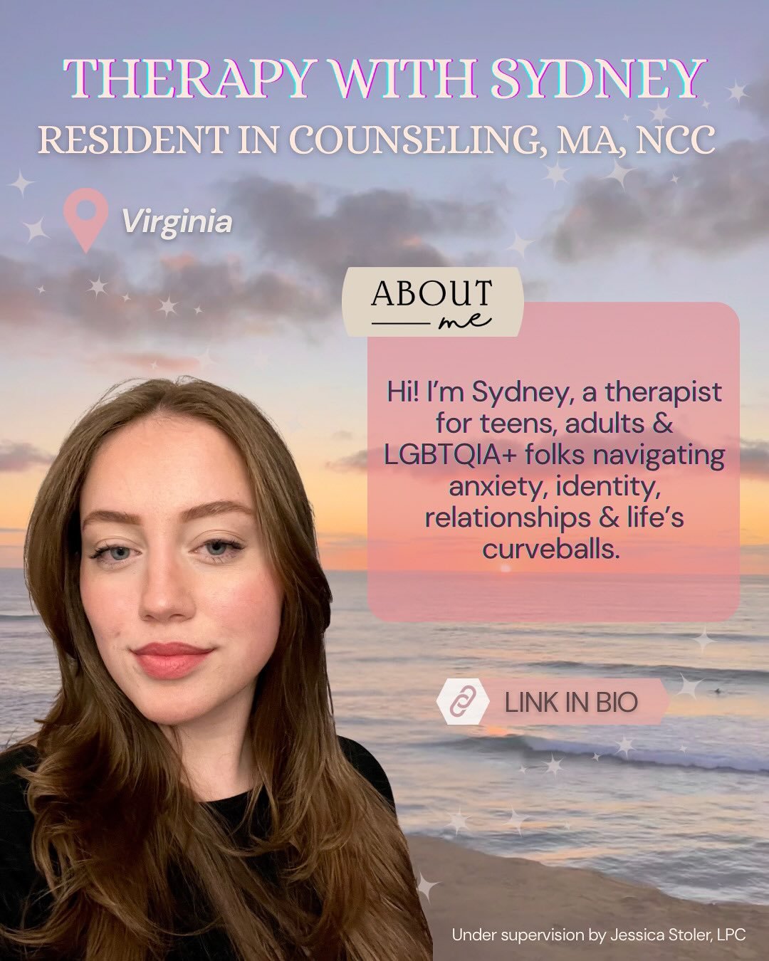 🌟Hi! My name is Sydney and I&rsquo;m a mental health therapist accepting new telehealth clients in Virginia🌈

This is not a full list of specialities, approaches, or client concerns. Click the link in bio for consultation &amp; more information. ✨
