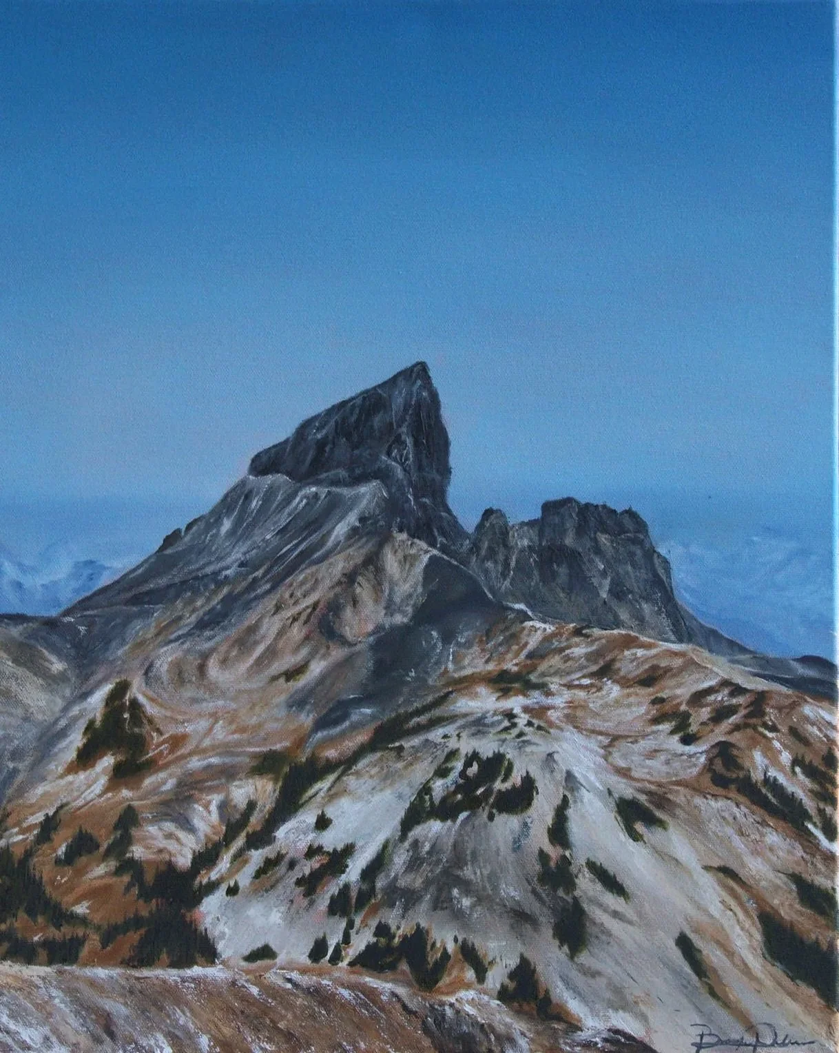A painting of the rugged Black tusk mountain landscape with a sharp peak against a clear blue sky.