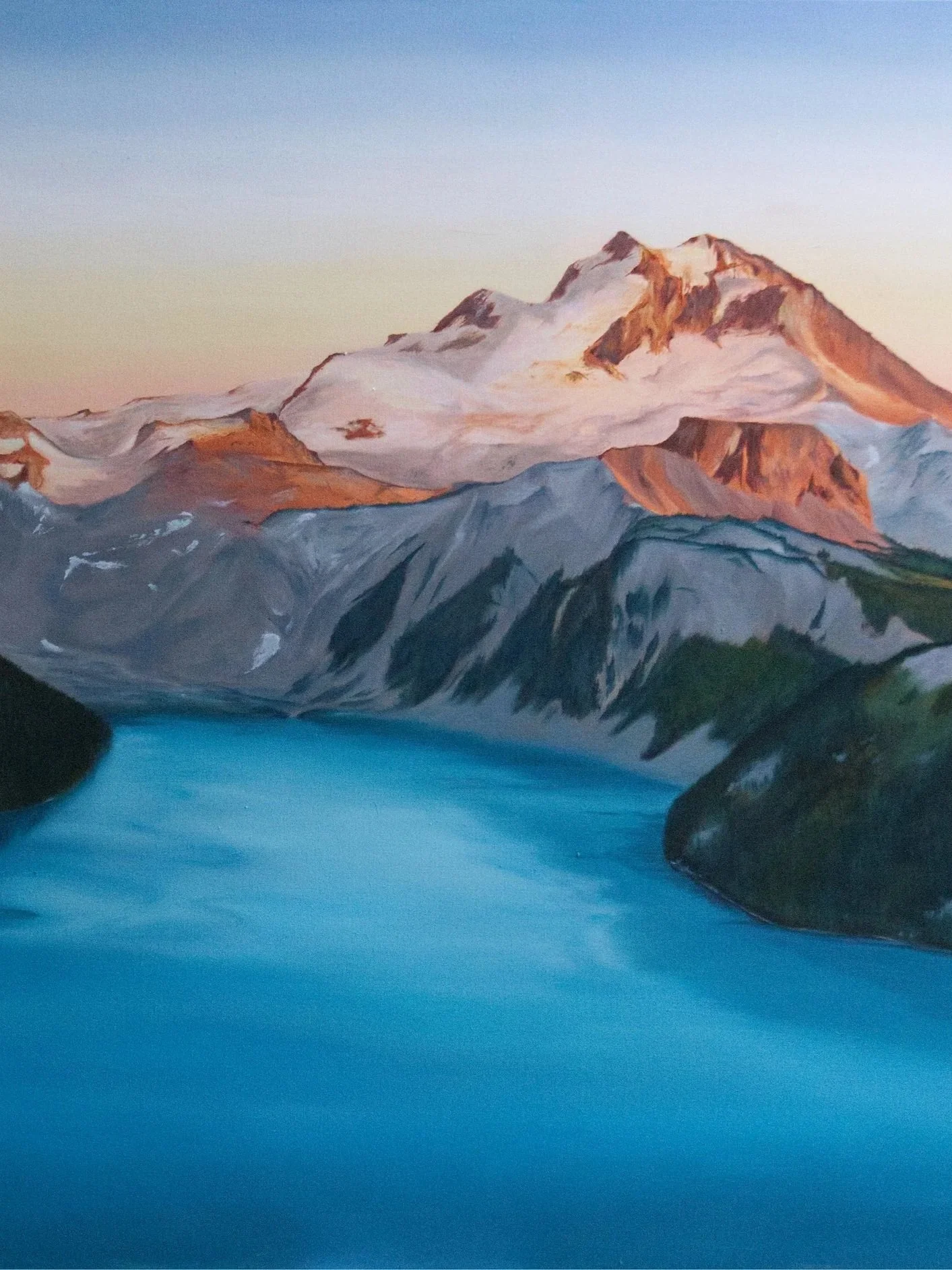 Painting of a mountain landscape with snow-capped peaks, a river in the foreground, and a clear sky.