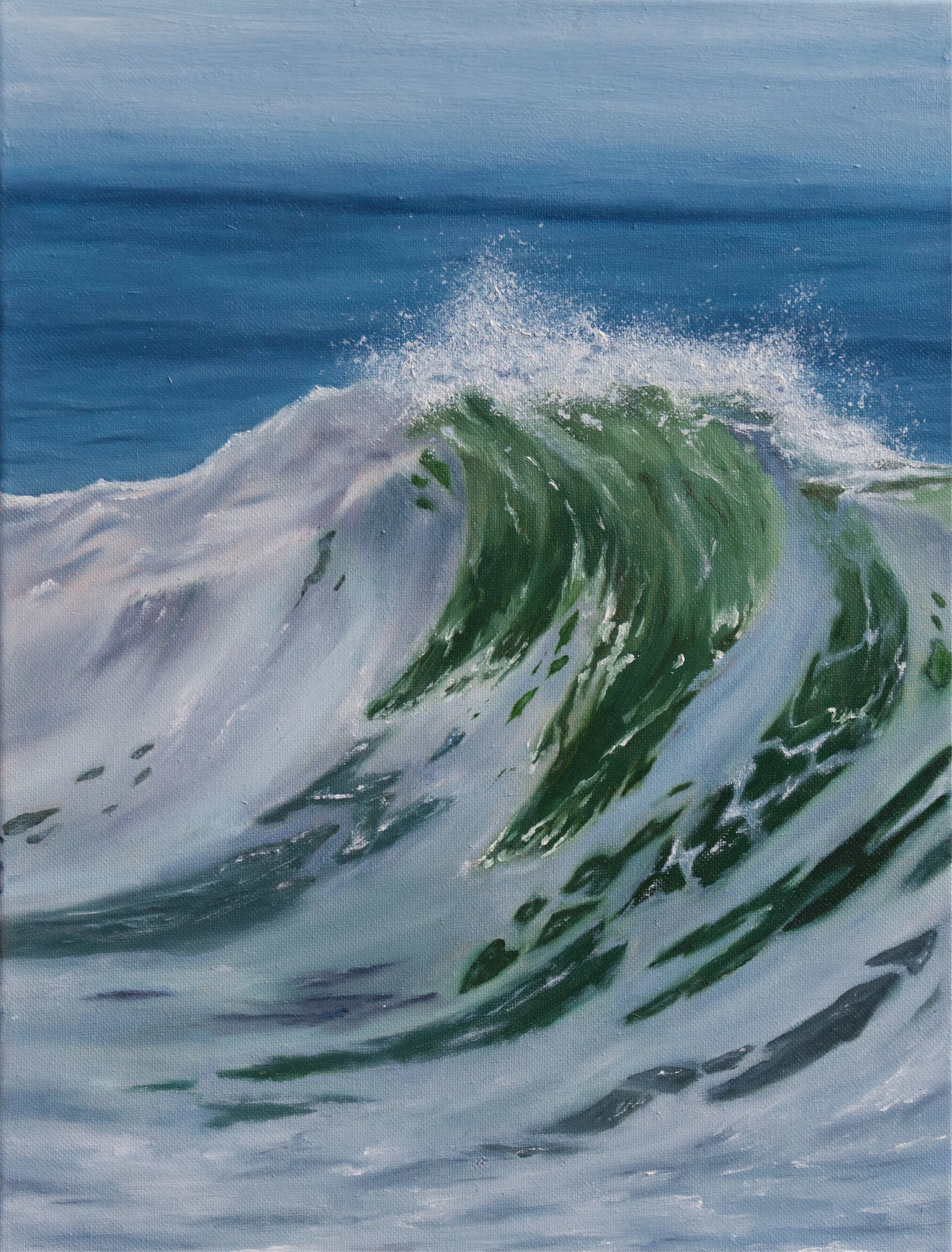 Painting of a large ocean wave with white foam, green water, and a blue sky background.