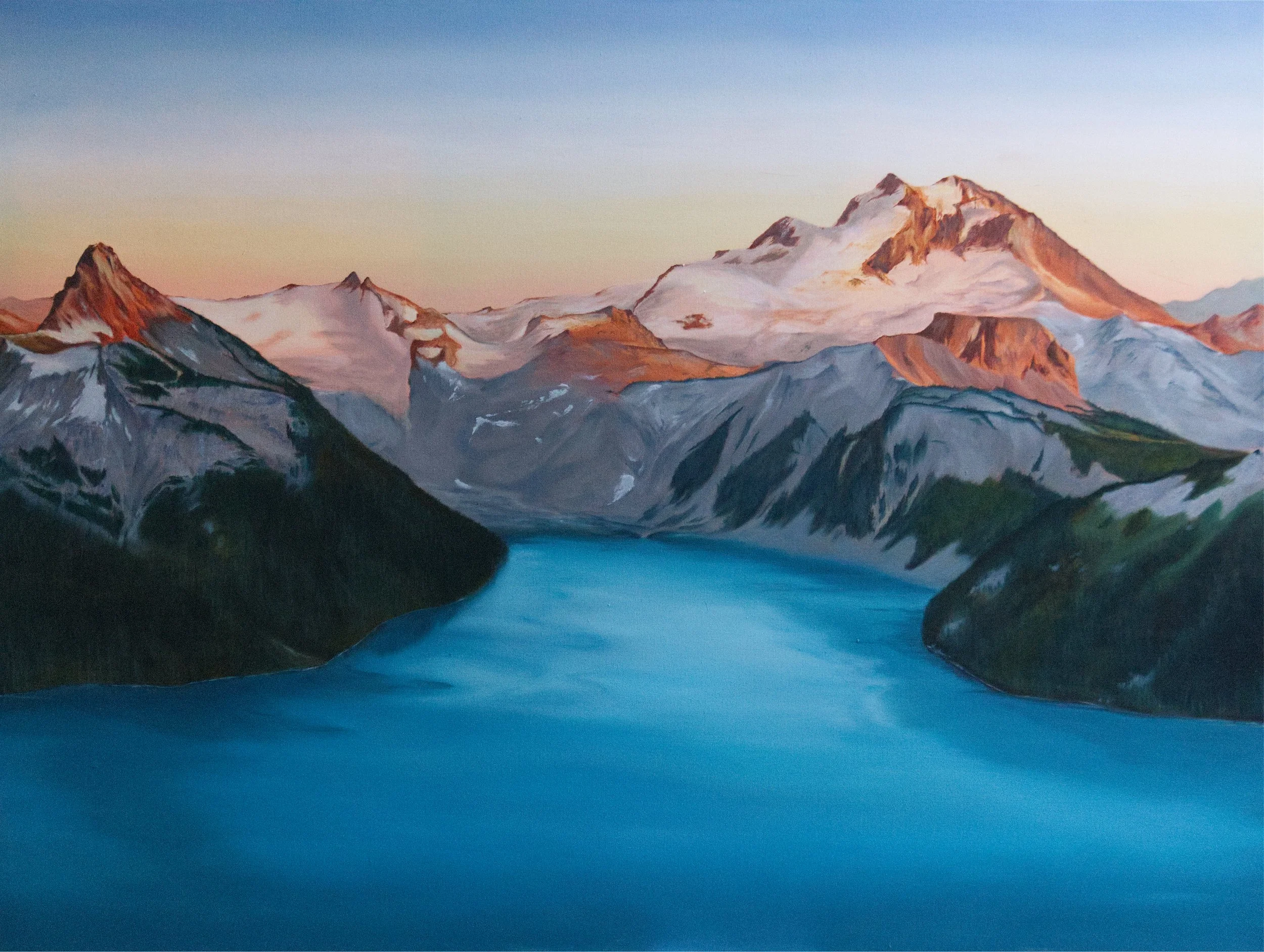 A painting of snow-capped Garibaldi, BC, with a large peak on the right, a lake in the foreground, and a sky with soft pastel colors at sunrise.