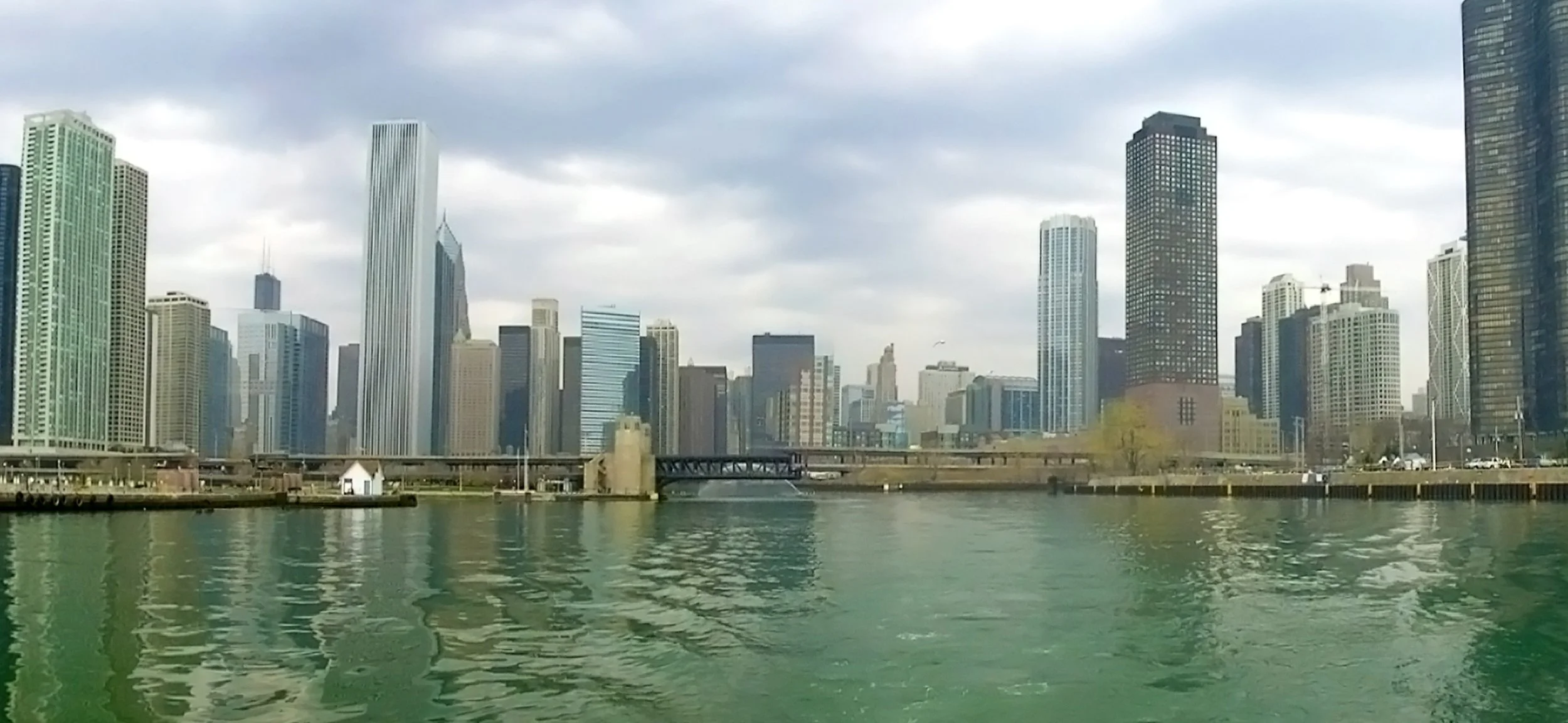 The distant Sears Tower peeking above a random high rise in the congested Chicago skyline. Nothing but jagged spikes and shades of brown and grey reflected off tall shimmering glass facades. A beautiful representation of our human civilisation, thoug