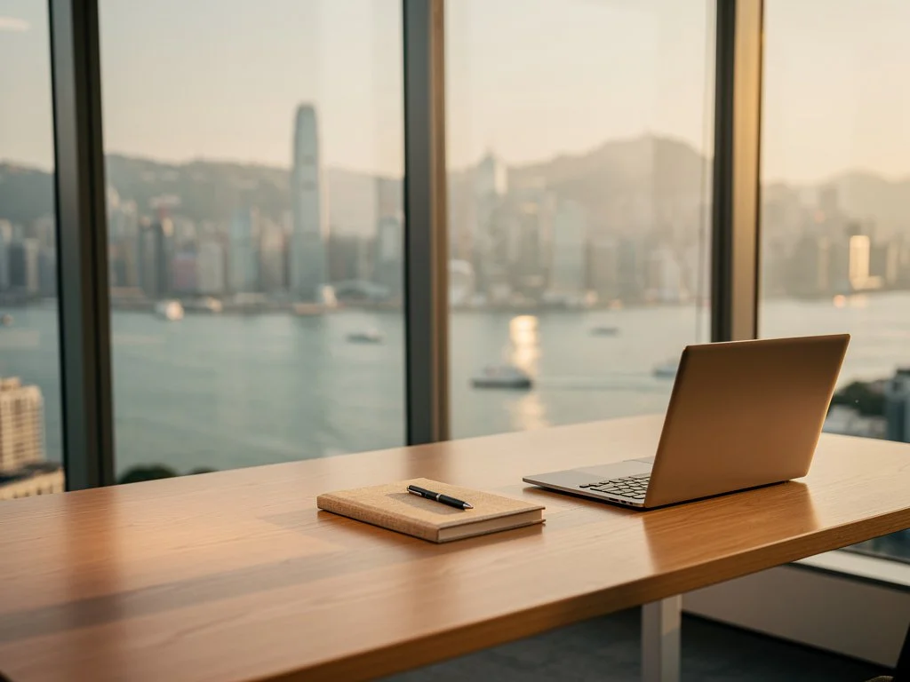 An empty wooden desk with a closed laptop, a notebook, and a pen, positioned in front of large floor-to-ceiling windows showing a city skyline with tall buildings and a river or bay.