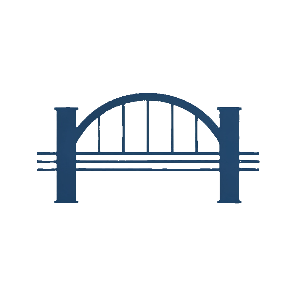 A blue arch bridge with railings, set against a black background.