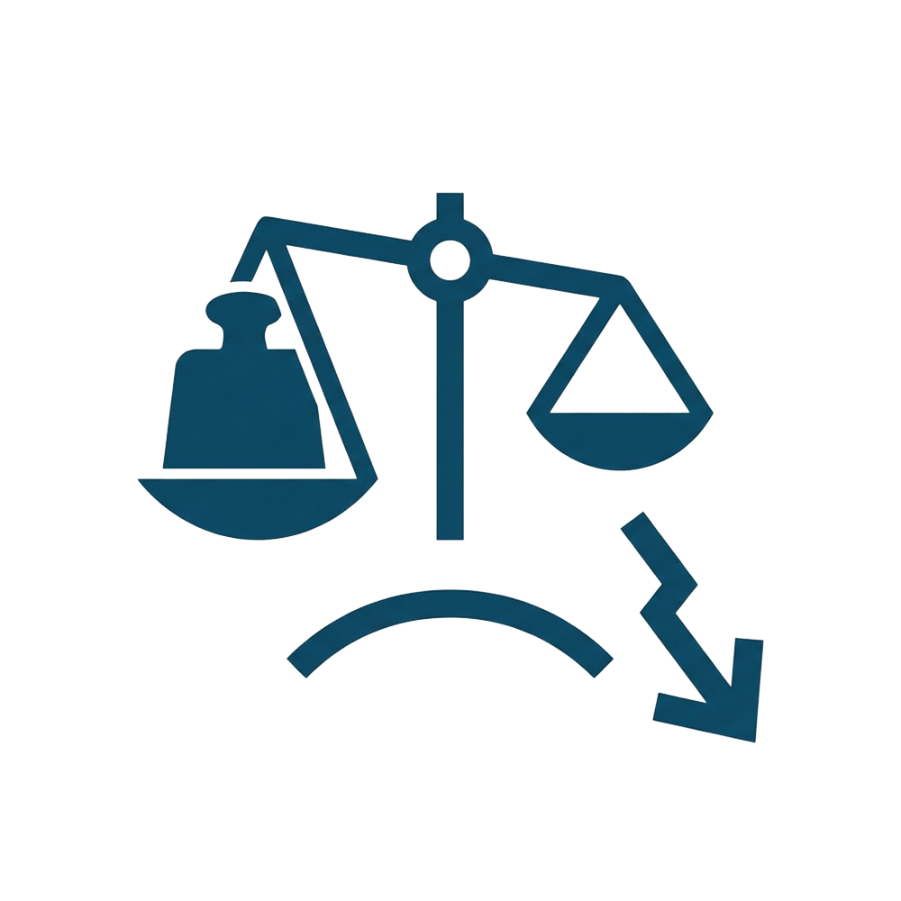 Graphic illustration of a balance scale with a pawn on the left side and a triangle on the right side, with a downward arrow beneath it.