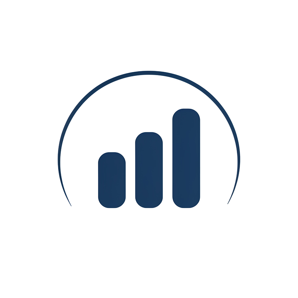 Icon of a bar chart with three ascending bars inside a partial circle, representing business growth or analytics.