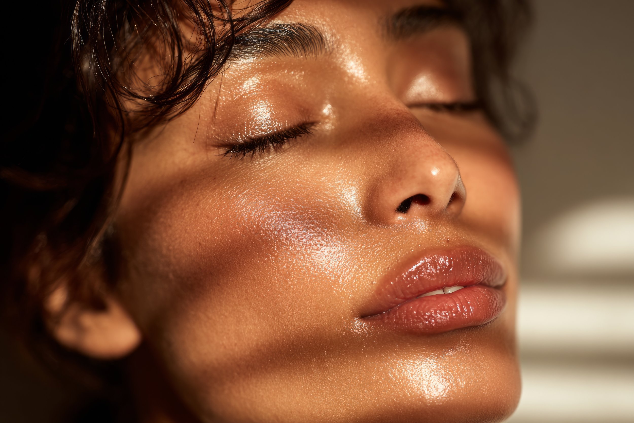 Close-up of a person's face with eyes closed, showing smooth skin, shiny lips, and moist eyelashes, with wet, wavy hair partially covering the forehead.