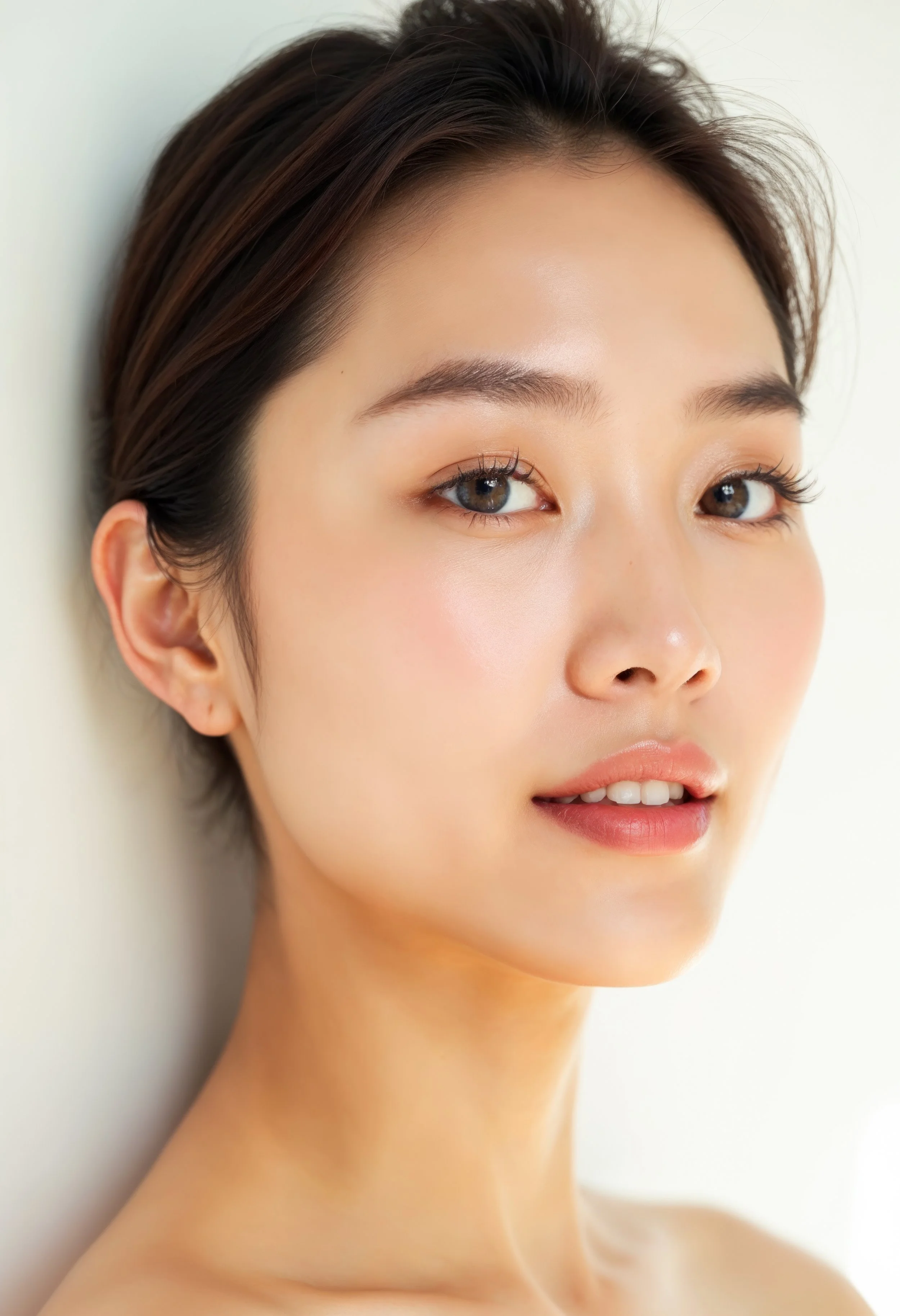 Close-up of a young woman's face with smooth skin, brown hair, and subtle makeup, against a white background.