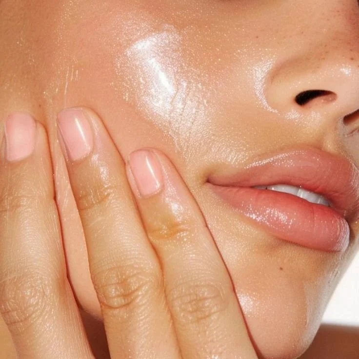 Close-up of a person's face with moisturizer, touching their cheek with fingers, showing shiny skin and natural lip gloss.