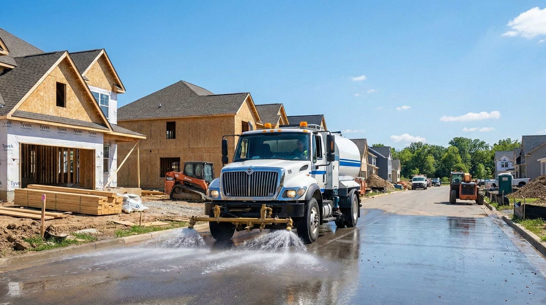 A street under construction with a water truck spraying water on the pavement. Houses are being built on both sides, some with framing and others with finished exteriors. Construction equipment and materials are visible.