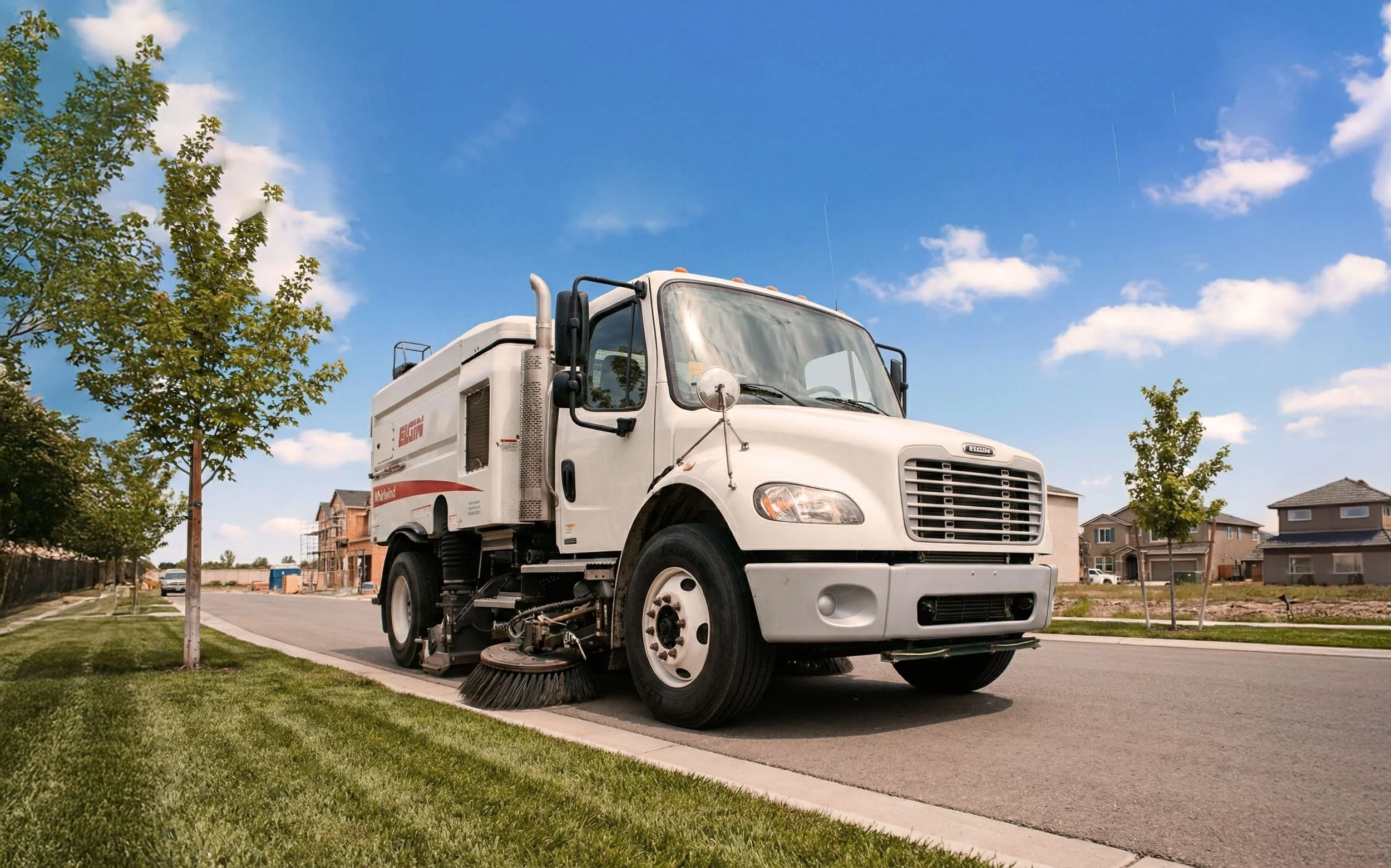 Street sweeping vehicle parked beside a sidewalk with green grass and trees, under a partly cloudy blue sky.