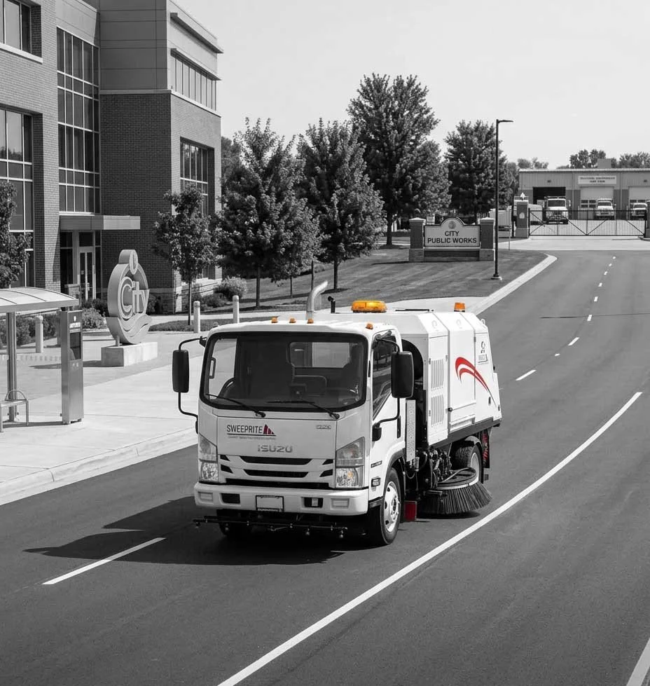A street cleaning truck driving on a city street near a modern building with large windows and a sign that reads 'City'. The truck is white with orange and red accents, with a rotating brush underneath it. Trees line the sidewalk, and there are street lamps and a city public works sign in the background.