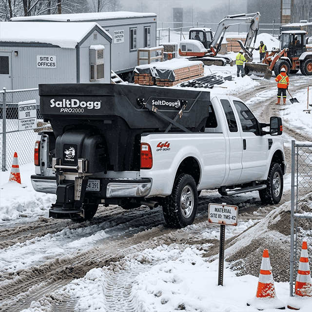 Construction site with workers in safety gear, a SaltDogg PRO2000 salt spreader mounted on a white pickup truck, and heavy machinery in snowy conditions.