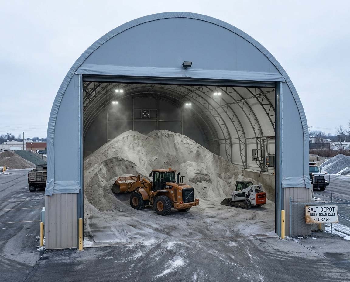 A large storage shed labeled 'Salt Depot' containing a mountain of bulk road salt, with a front loader and a skid steer loader inside.