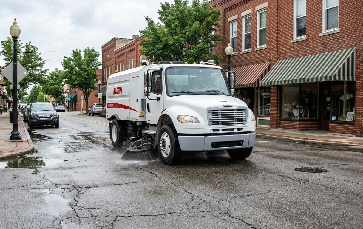 Street cleaner truck washing the road in a small town, with storefronts and parked cars.