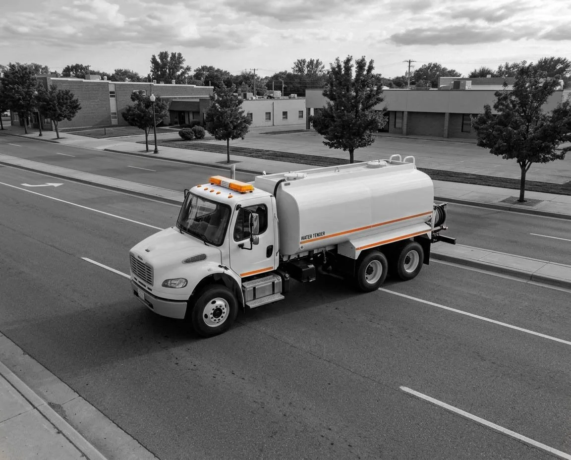 A black and white photo of a water tanker truck driving on a street with a sidewalk and trees in the background.