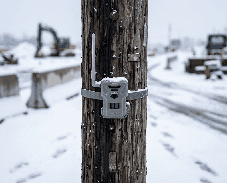 Close-up of a utility pole with a PLESA outdoor gas detector mounted on it, snow on the ground and on the pole in a winter setting with construction equipment in the background.