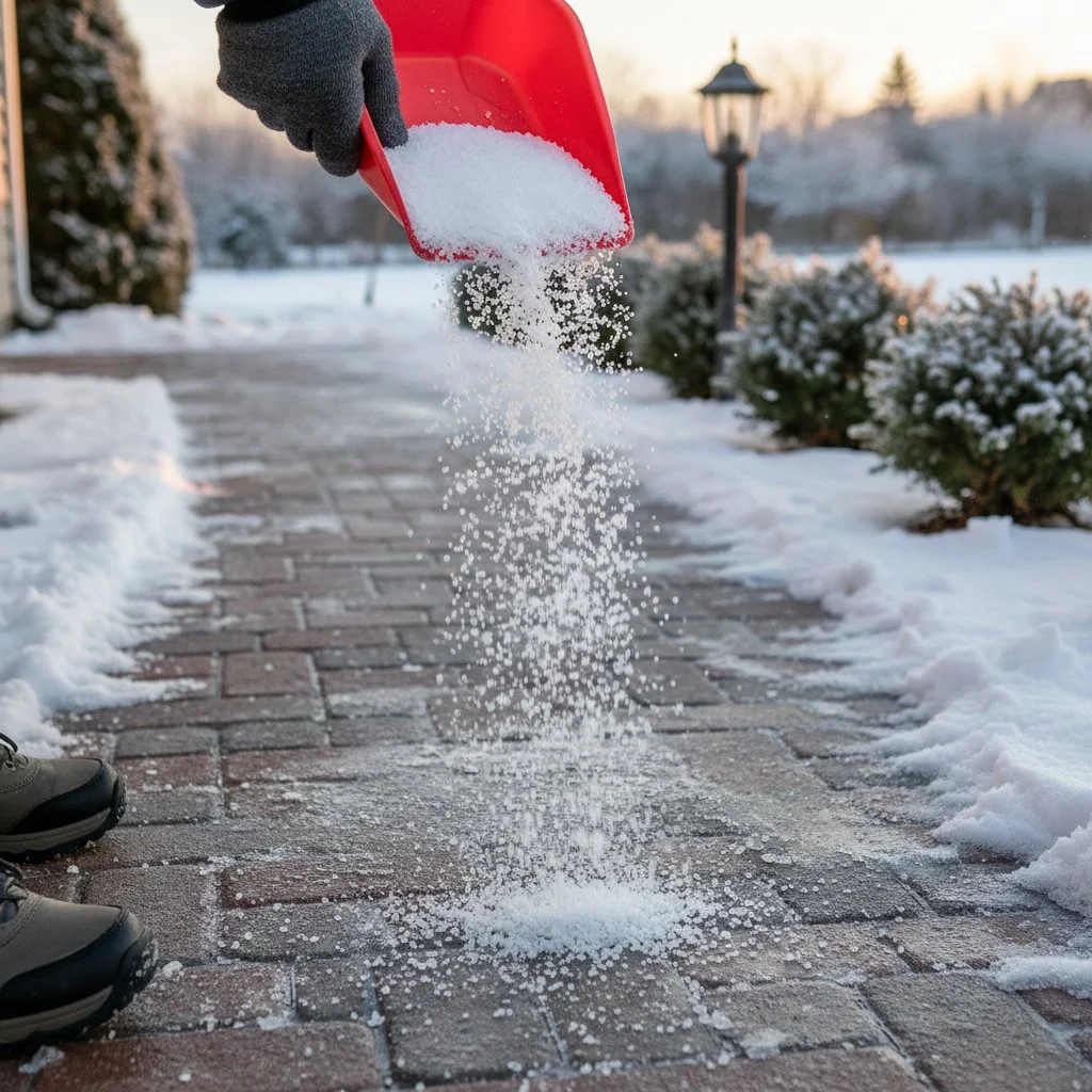 Person shoveling snow on a brick walkway, pouring salt from a red scoop, with snow-covered bushes and outdoor lamps in the background.