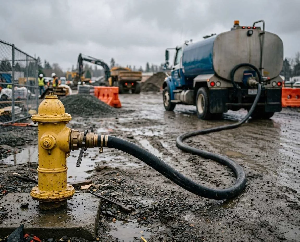 A construction site with muddy ground, orange barriers, and workers in helmets in the background. A yellow fire hydrant with a hose attached is in the foreground. A blue water truck is parked nearby.