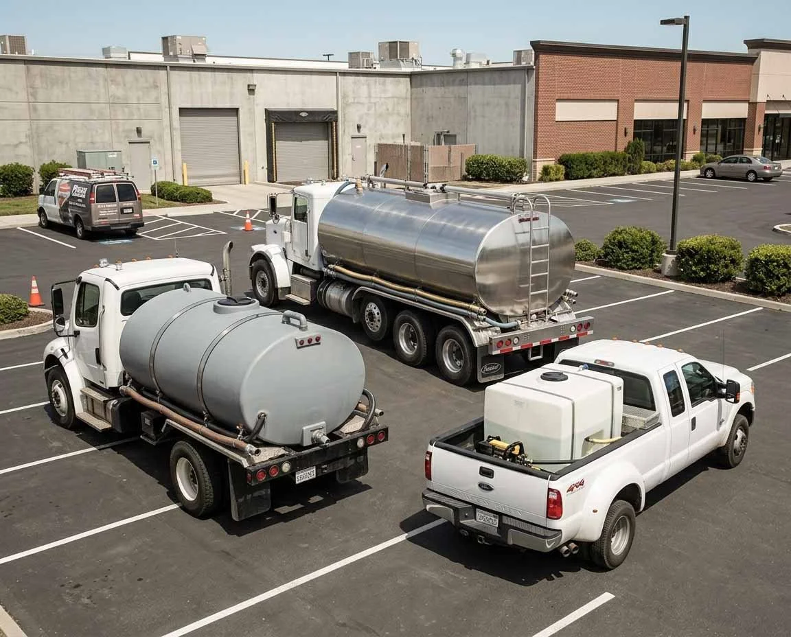 Two white pickup trucks and two gray tanker trucks parked in a nearly empty parking lot outside a commercial building with bushes and parking spaces.