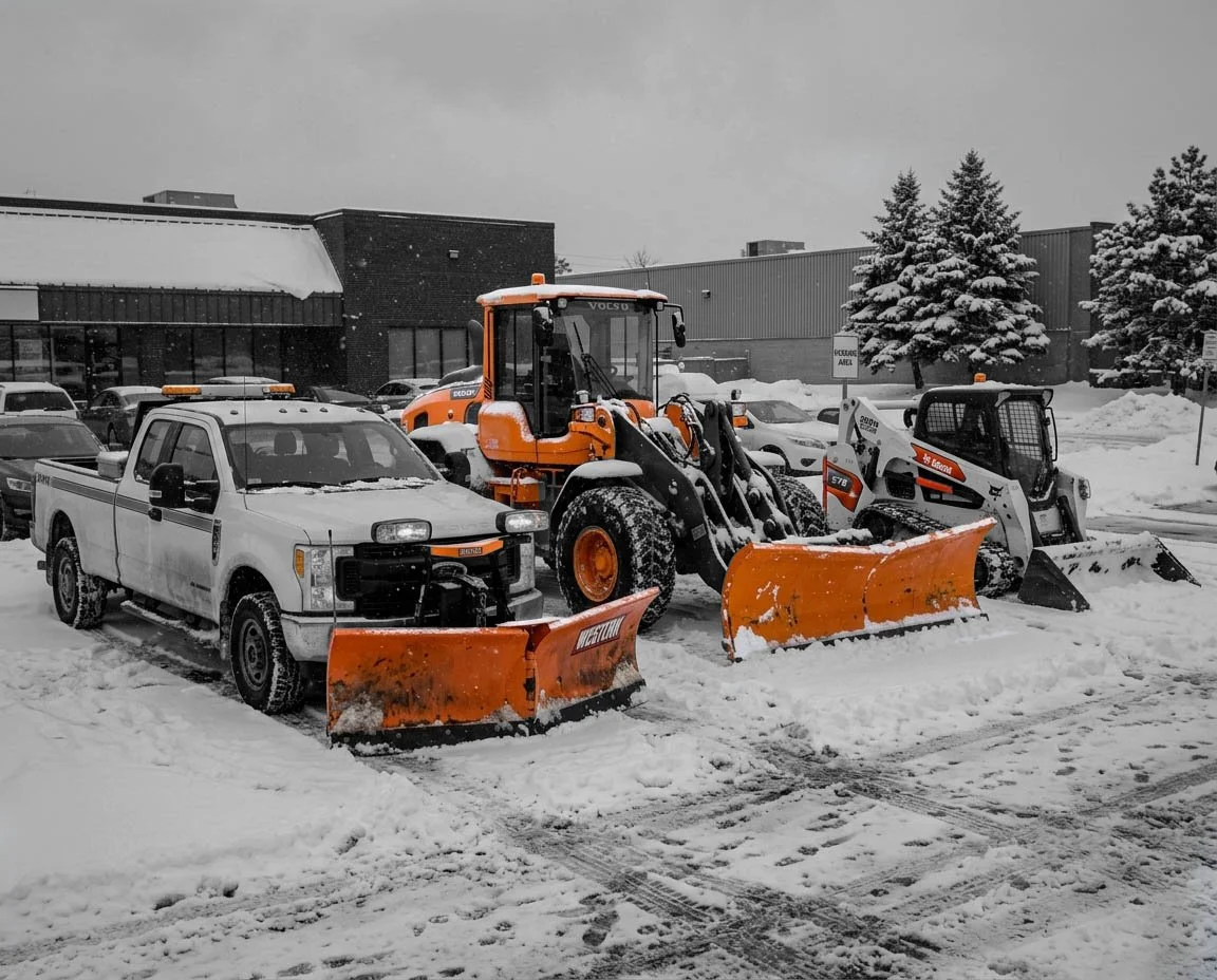 Three snow plows, including a pickup truck and two larger vehicles, parked on a snow-covered lot with buildings and snow-covered trees in the background.