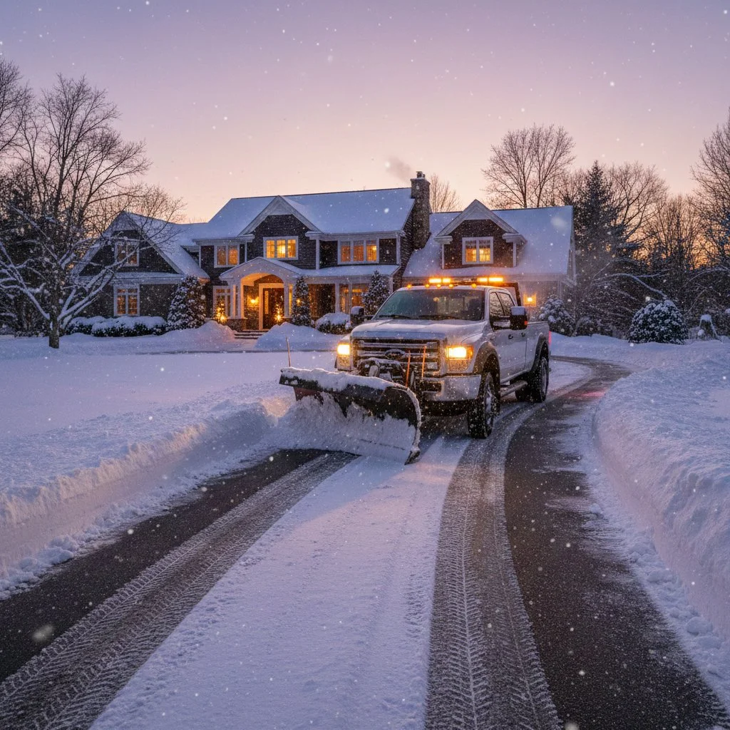 A snow plow clearing snow from a driveway in front of a large, well-lit house at dusk, with snow-covered trees and falling snow.