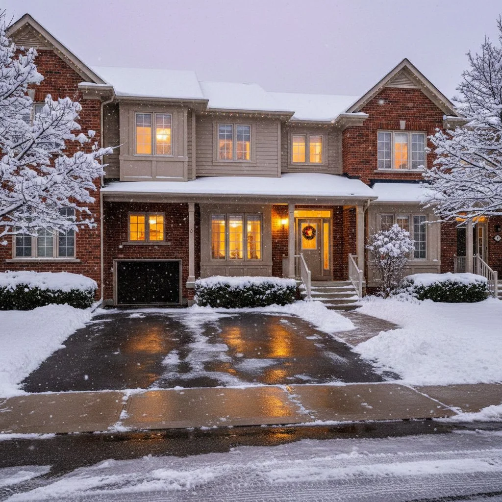 A two-story house in winter with snow-covered trees and driveway, warm lights glowing from windows, and a Christmas wreath on the front door.