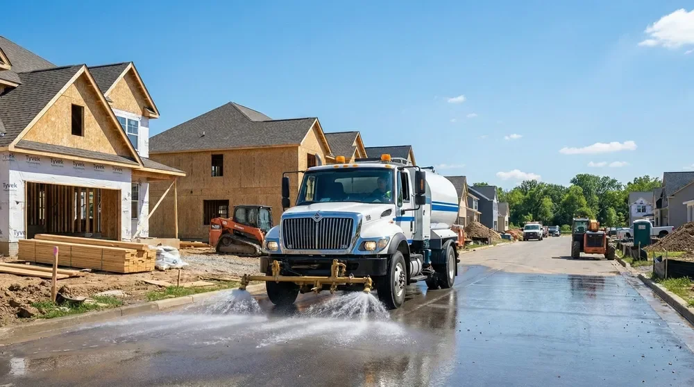 A street construction site with a truck spraying water on the road, houses under construction on both sides, and construction equipment present.