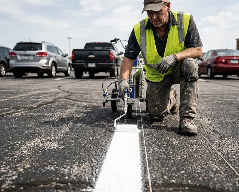 Worker in yellow safety vest spray-painting white lines on an asphalt parking lot.