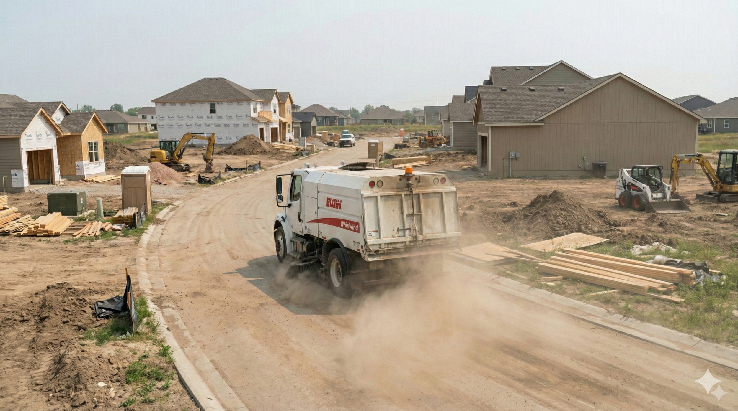 Construction site with a street sweeper cleaning dirt, surrounding homes under construction, construction equipment, and materials.