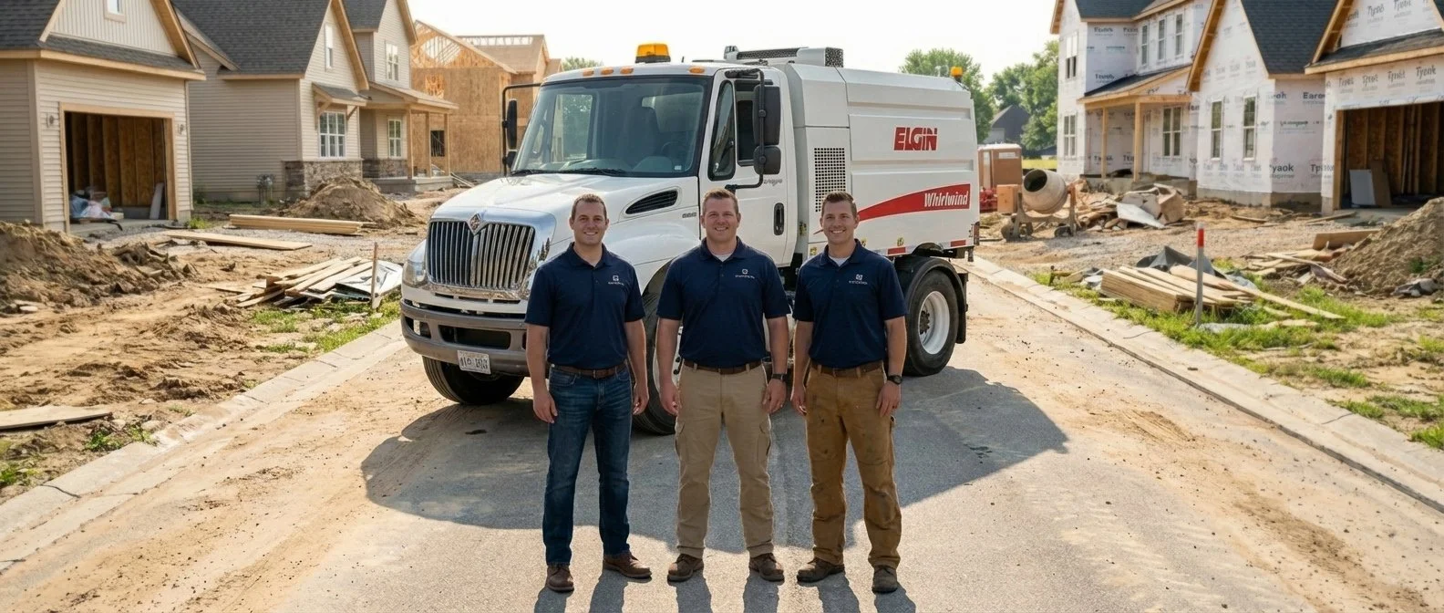 Three men standing in front of construction site with a white street sweeper truck behind them.