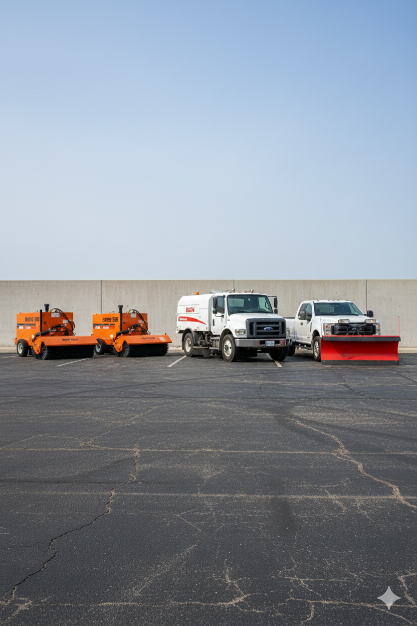 Two large orange industrial sweepers, a white street cleaning truck, and a white utility pickup truck with a red snow plow attachment are parked in a lot with a concrete wall and a clear blue sky.
