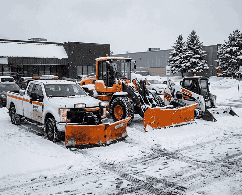 Snow removal equipment including a pickup truck, a skid-steer loader, and a backhoe, all equipped with snow plows, parked on snowy ground in front of stores with snow-covered trees in the background.