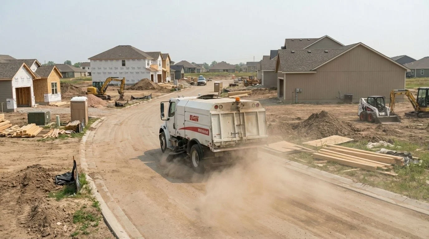 Construction site with a dirt road, houses under construction, and construction vehicles including a sweeper truck, excavators, and a skid-steer loader.