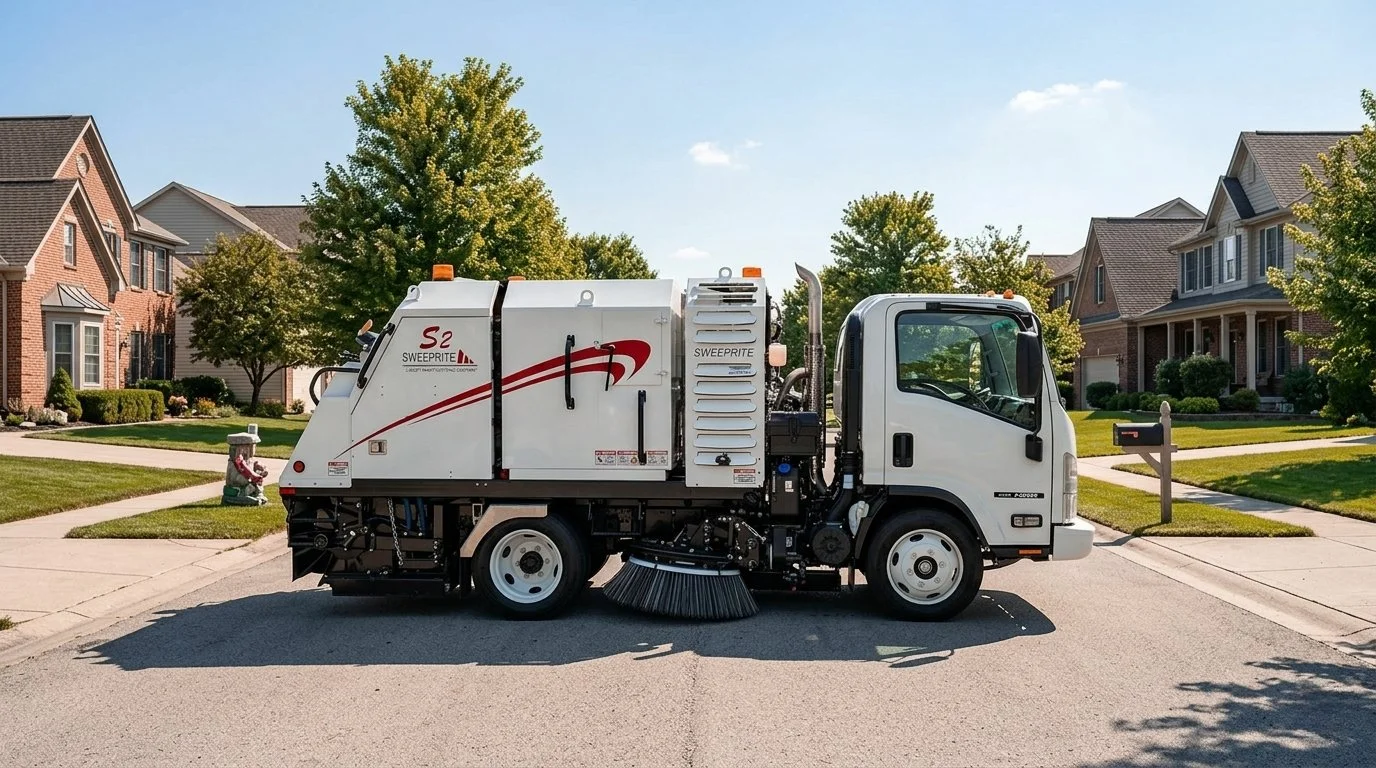 Street sweeper vehicle parked on residential street with houses and trees in the background.