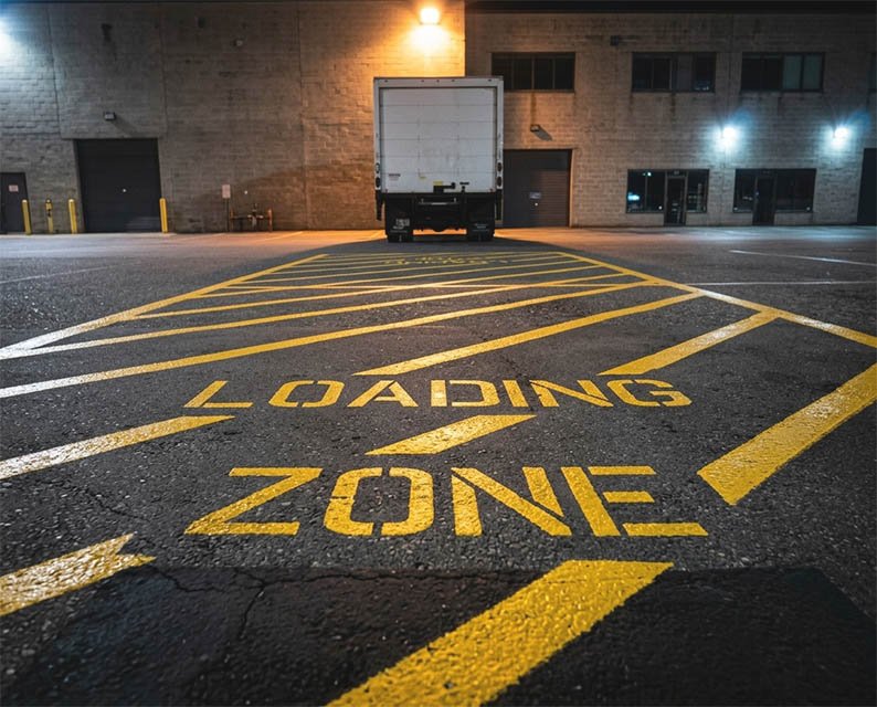 A parking lot at night with a yellow-painted loading zone and white cross lines, a white delivery truck parked in the background, and a brick building with illuminated windows and overhead lights.