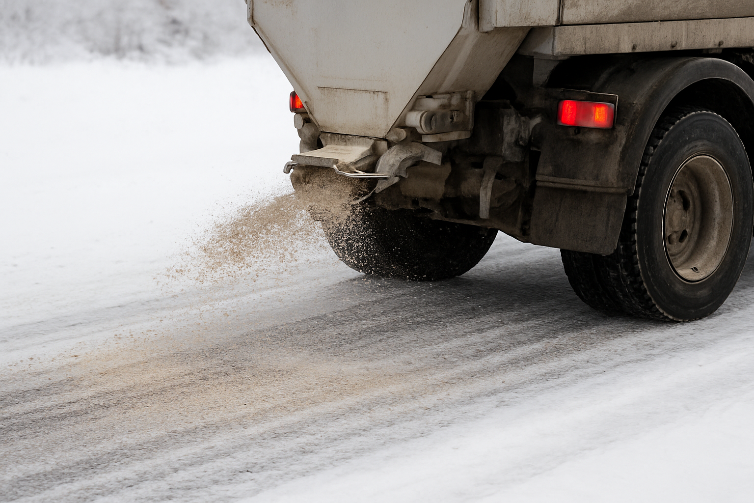 A truck spreading salt or sand on a snow-covered road during winter.