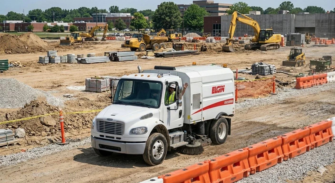 Construction site with a street sweeper vehicle in the foreground, and excavators, bulldozers, and construction materials in the background.