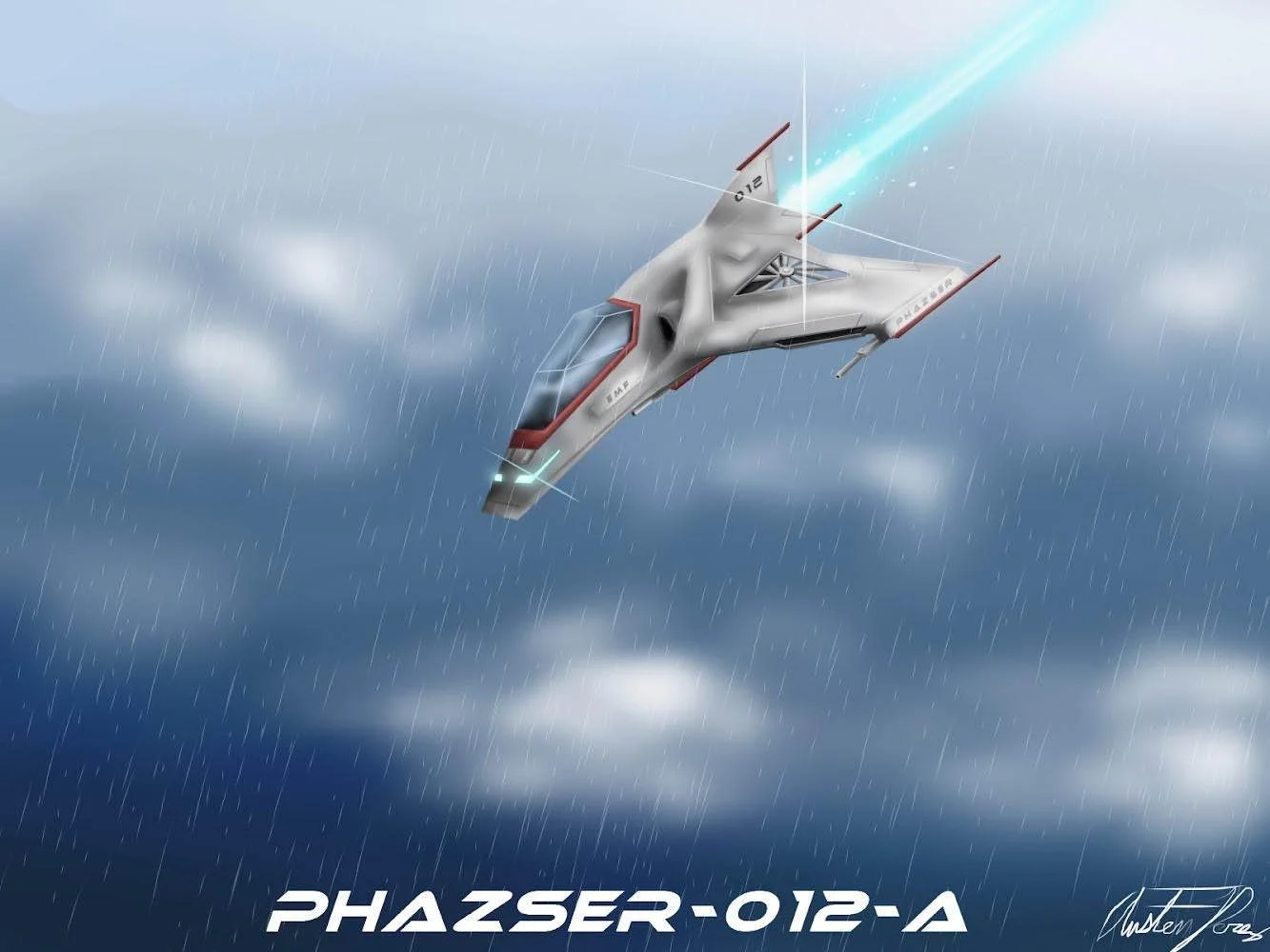 Digital drawing of spaceship emerging from clouds during rainstorm