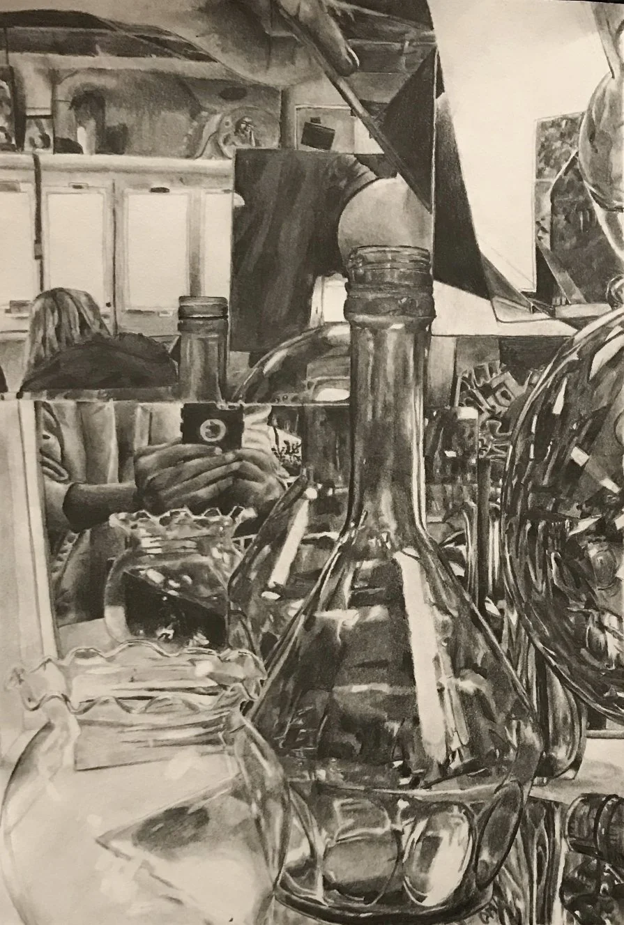 Graphite sketch of glass vases and mirrors