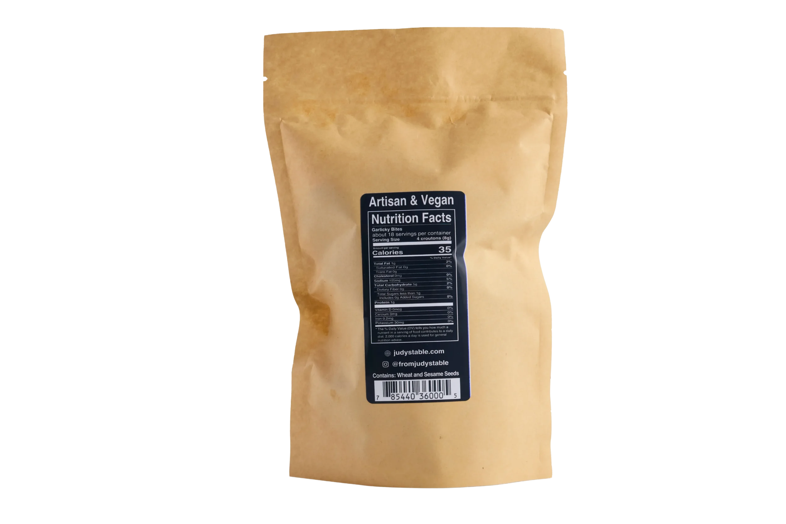 Back of Croutons product showing kraft bag with nutritional facts. Croutons are bread cubes toasted with olive oil, garlic and salt.
