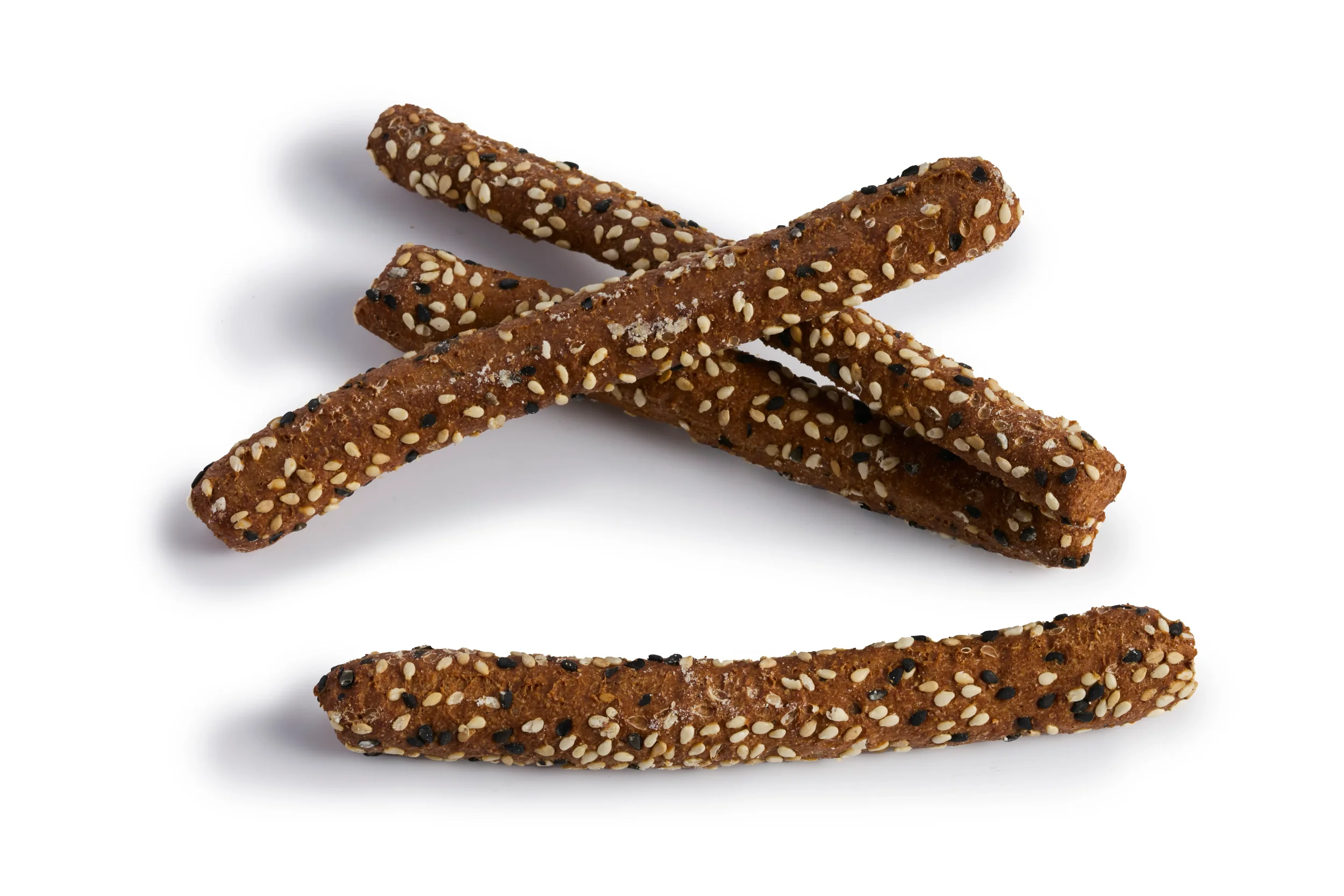 Sesame Twigs are wholegrain breadsticks made with organic flour and rolled in 3 types of organic sesame seeds.