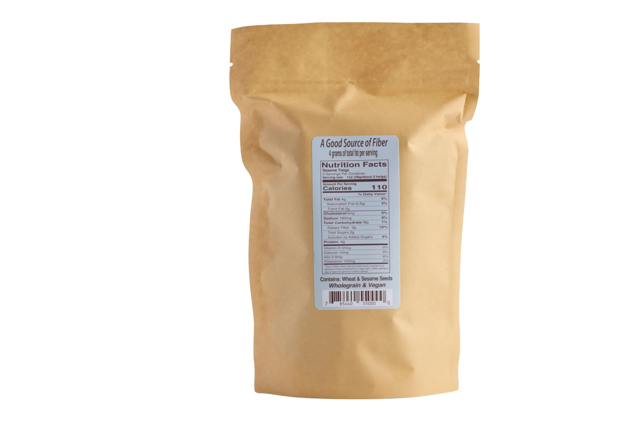 Back of Sesame Twigs product showing kraft bag with nutritional facts. Sesame Twigs are breadsticks rolled in 3 types of organic sesame seeds.