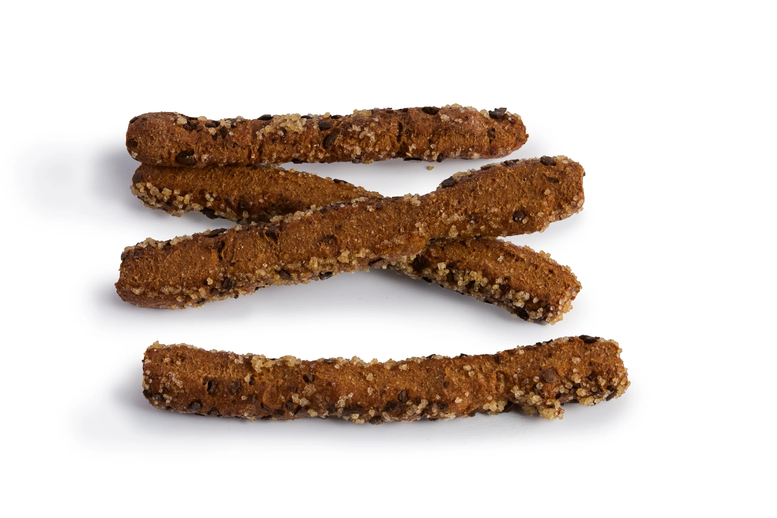Coffee Twigs are wholegrain breadsticks rolled in crushed roasted coffee beans, vanilla powder and turbinado sugar.