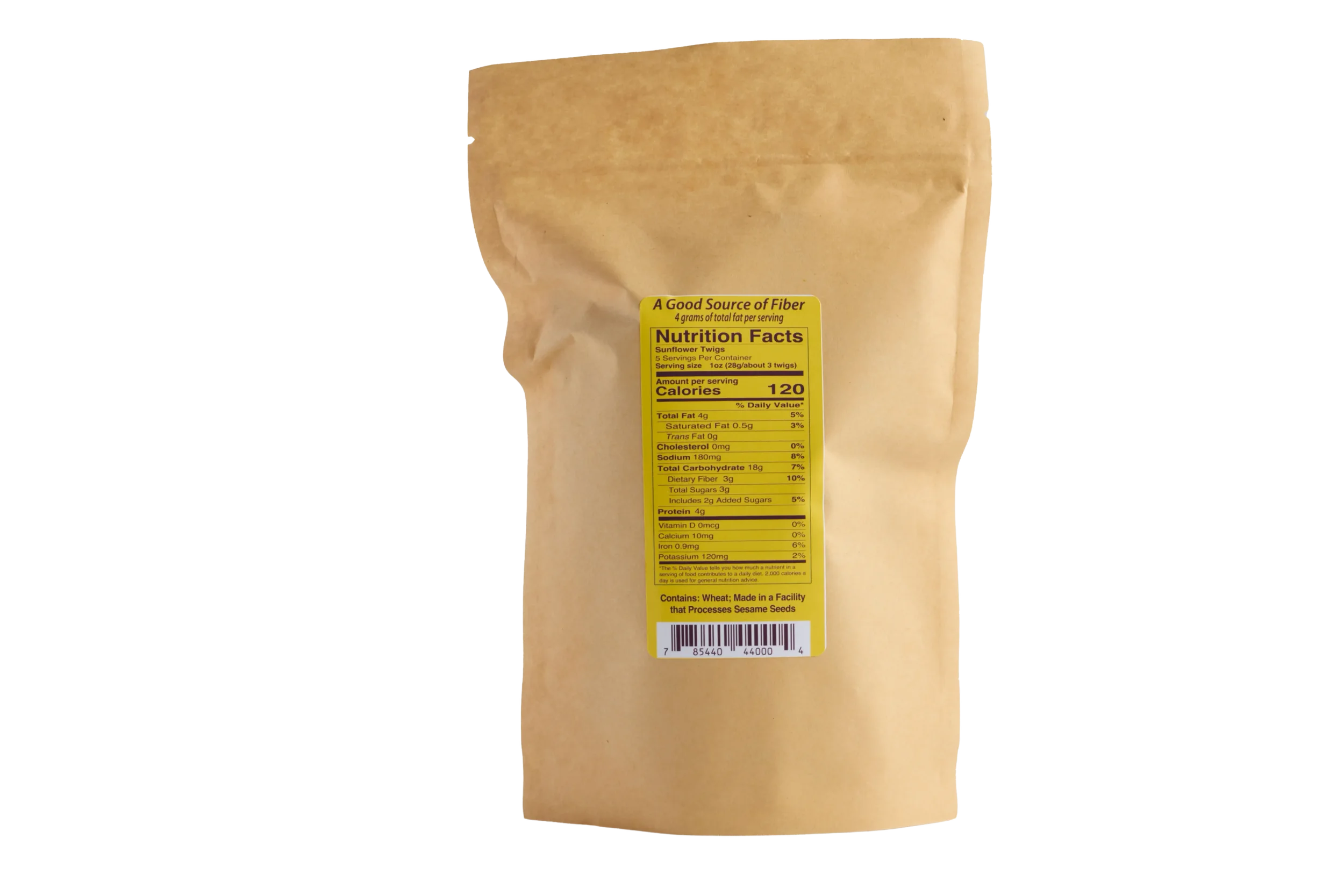 Back of Sunflower Twigs product showing kraft bag with nutritional facts. Sunflower Twigs are breadsticks rolled in sunflower seeds, sugar & salt.