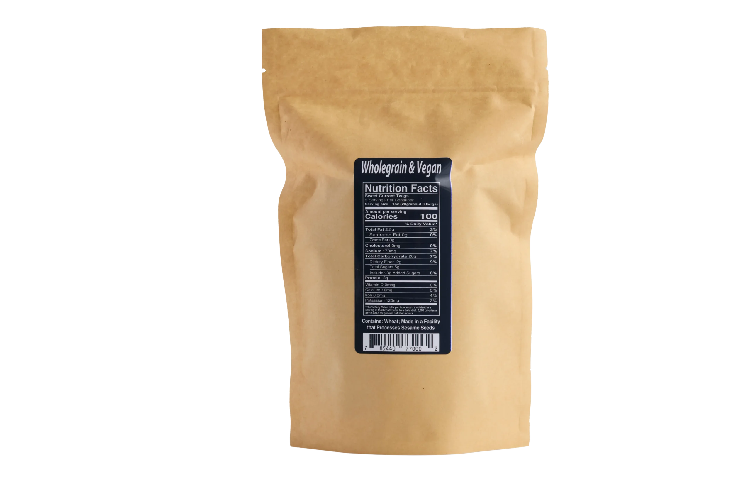 Back of Sweet Currant Twigs product showing kraft bag with nutritional facts. Sweet Currant Twigs are breadsticks rolled in currants, cinnamon & turbinado sugar.
