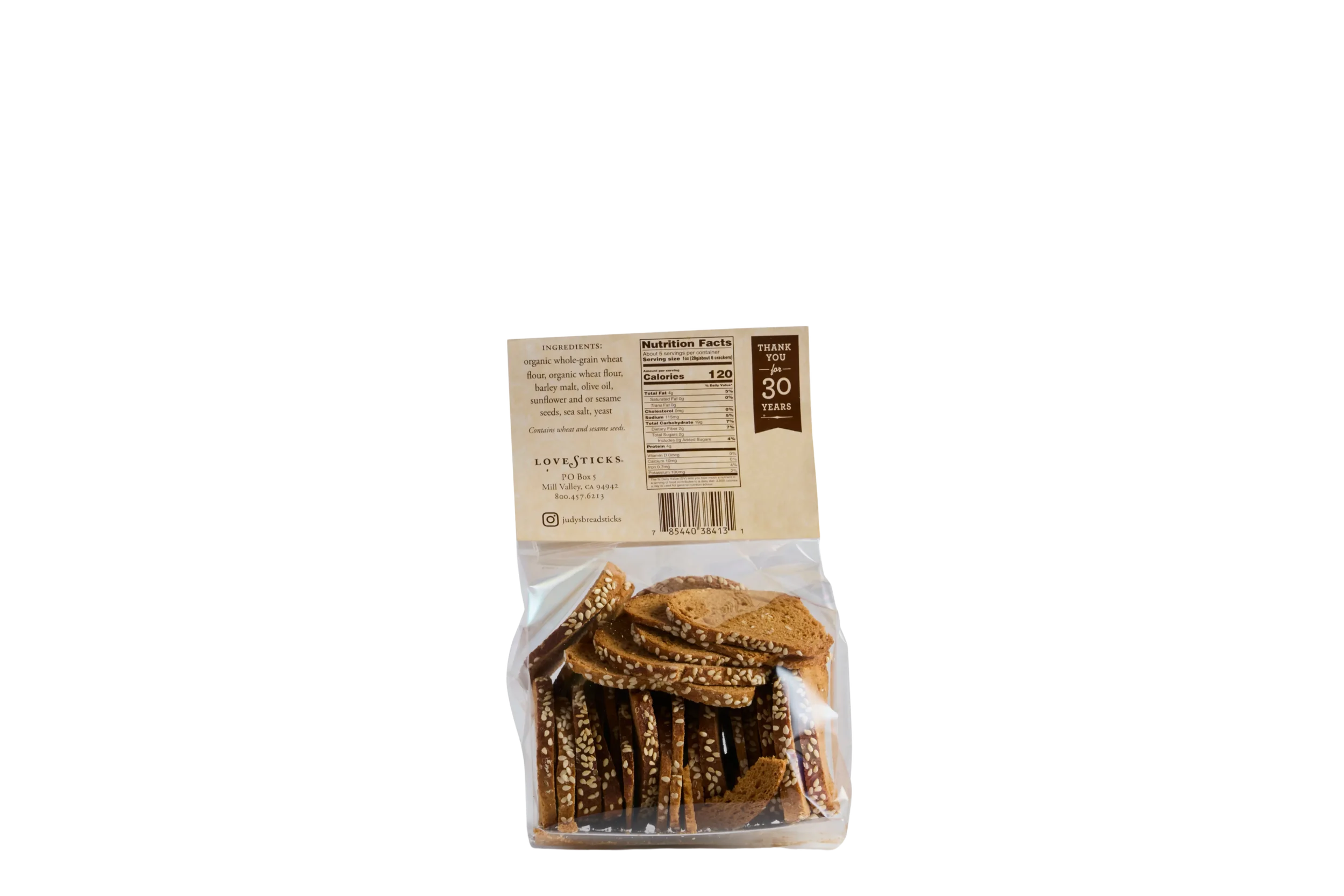 Back of Country Crackers product showing clear bag with nutritional facts. Country Crackers use organic flours and seeds.