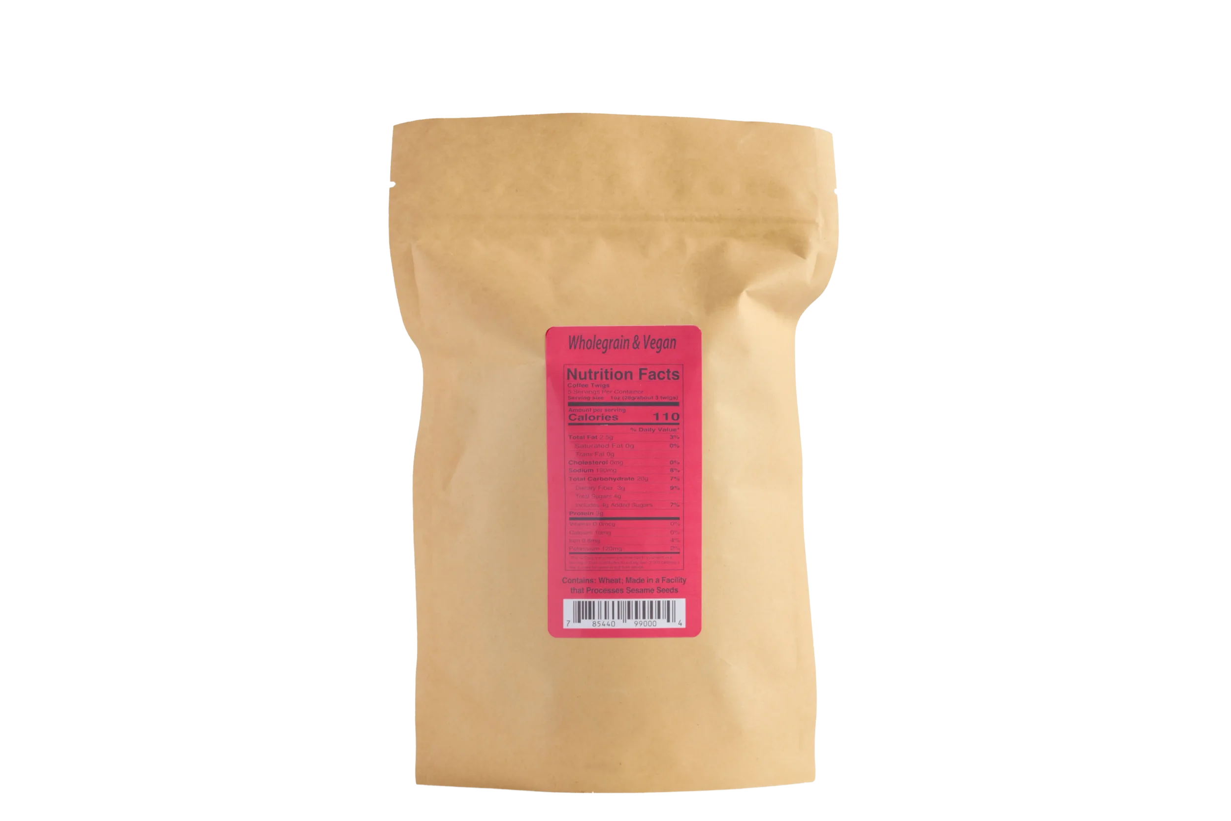 Back of Coffee Twigs product showing kraft bag with nutritional facts. Coffee Twigs are breadsticks rolled in crushed roasted coffee, vanilla powder and turbinado sugar