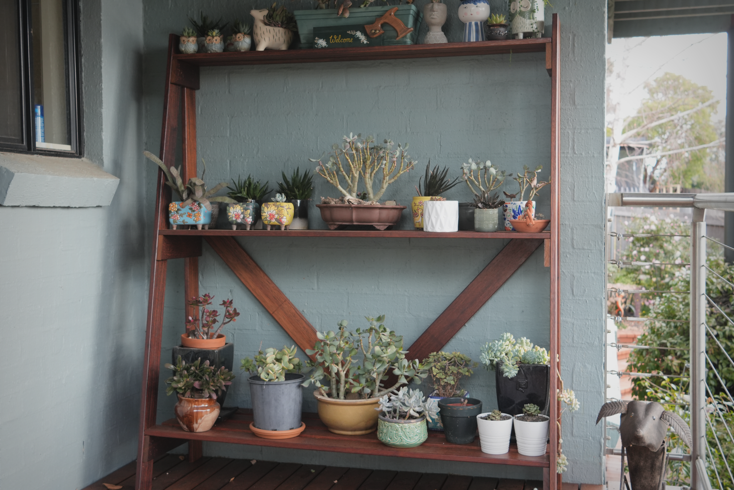 A wooden outdoor shelf with various potted plants, including succulents and cacti, against a light gray brick wall. The top shelf holds smaller potted plants and decorative items, while the lower shelves display larger plants. There is a railing and 