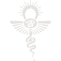 A symbol of a winged eye with a sun above and a serpent below creating an Ankh.